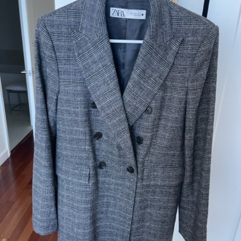 Zara Double Breasted Check Plaid Blazer Blue Gray Brown Black - Size S